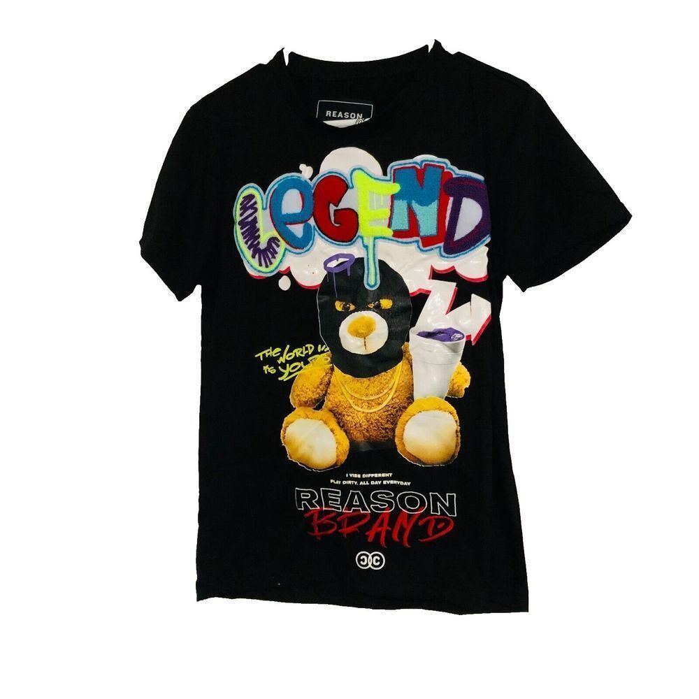Reason Legend Bear‎ Chenille Men's Tee Crew Neck Short Sleeve Black Small NWT